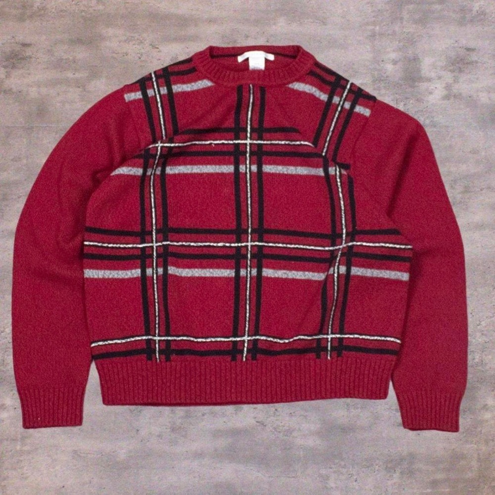 Vintage 1990's Geoffrey Beene 3D Plaid Cottage Retro Preppy Knitted Crewneck